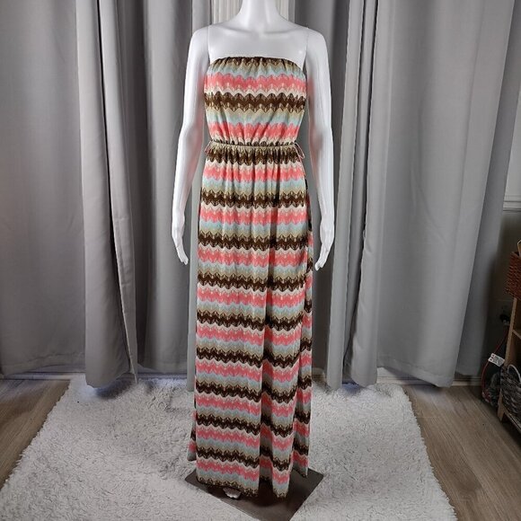 Rue 21 Women's Coral & Brown Geo Stripe Strapless Maxi Dress Size L - Picture 1 of 11